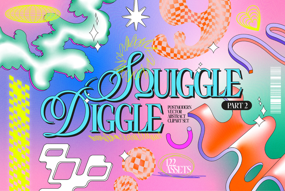 Squiggle Wiggle Part 2 clipart pack, colorful wavy forms, 122 assets, bright gradients