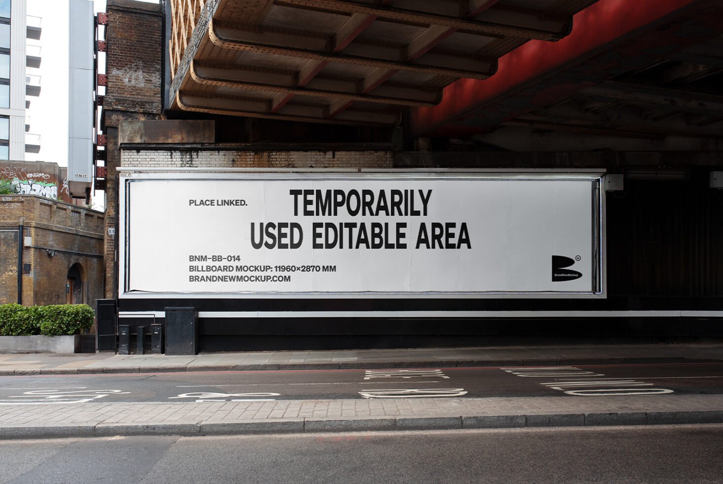Urban billboard mockup with blank editable area under a bridge for design display 11960x2870 mm suitable for branding advertising templates graphics.