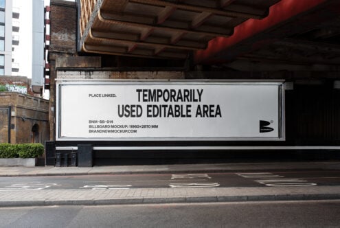 Urban billboard mockup with blank editable area under a bridge for design display 11960x2870 mm suitable for branding advertising templates graphics.