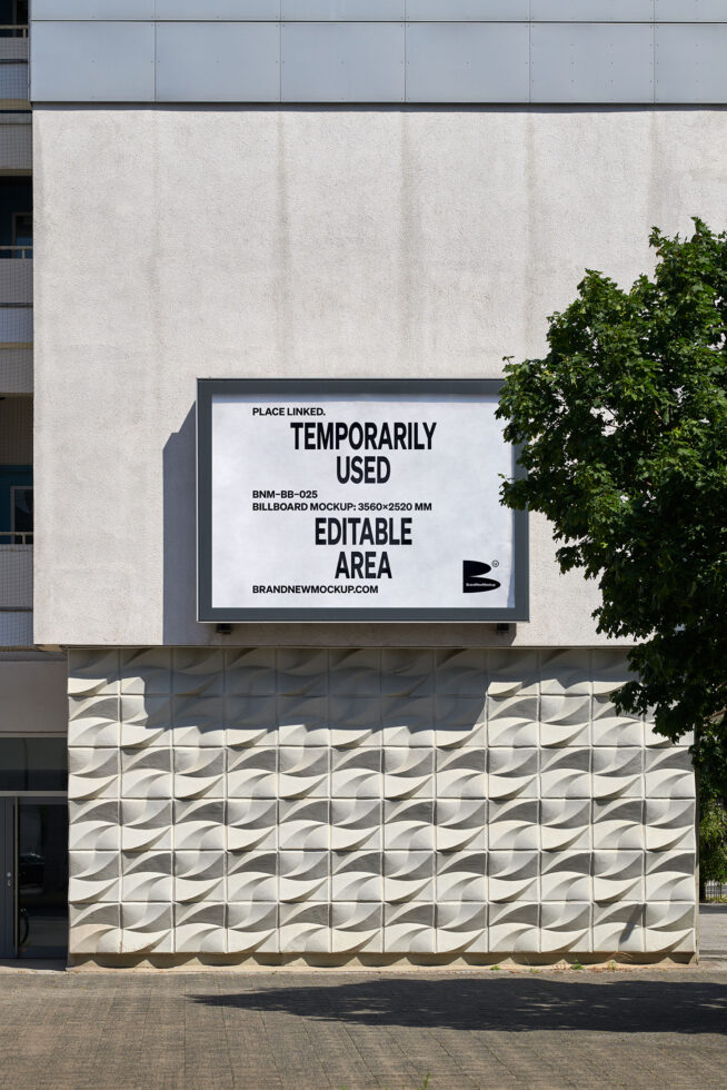 Billboard mockup on textured building wall for designers. Editable area for graphics. Ideal for showcasing outdoor advertising templates and designs.