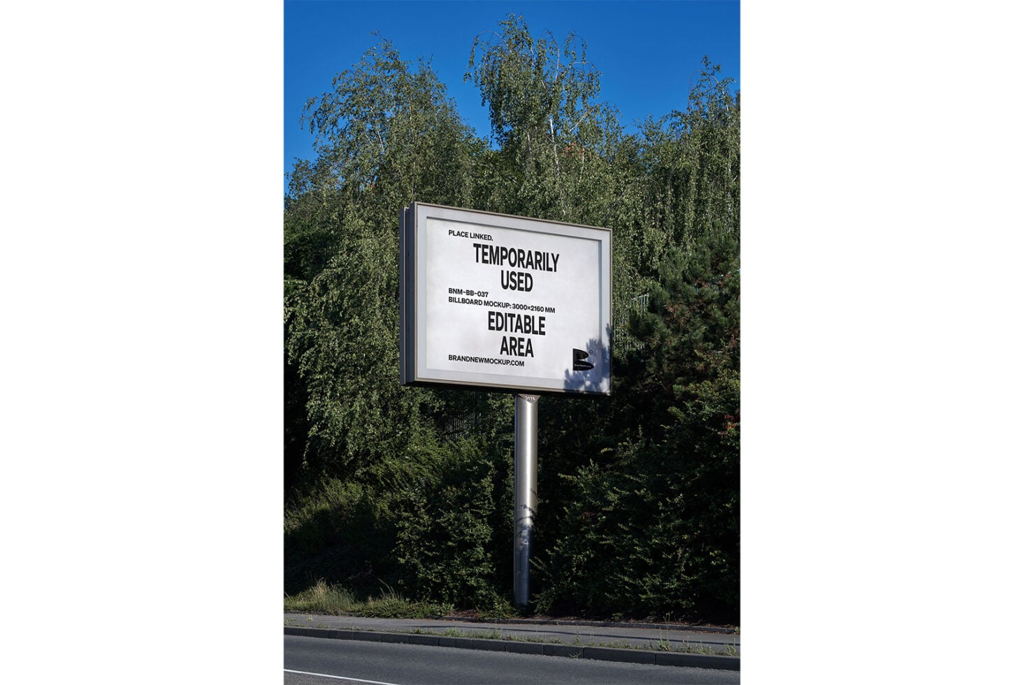 Roadside billboard mockup surrounded by tall green trees under clear blue sky
