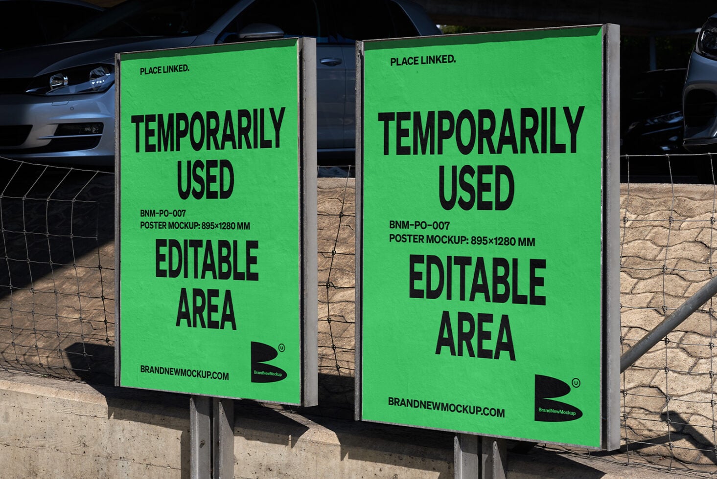 Two bright green horizontal poster mockups displayed side by side on concrete