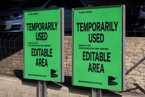 Two bright green horizontal poster mockups displayed side by side on concrete