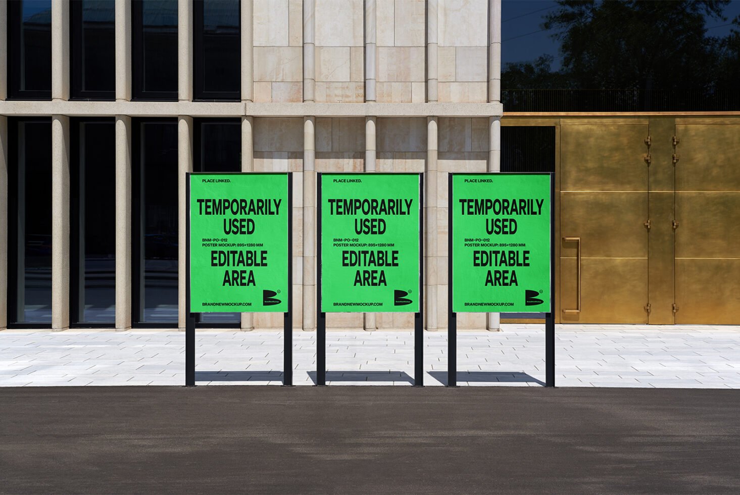 Street poster mockup in urban setting featuring three green editable posters for graphic design projects showcasing customizable templates for designers.