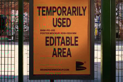 Urban poster mockup with bold editable area on an orange background. Ideal for showcasing designs in outdoor settings. Perfect for graphic designers.