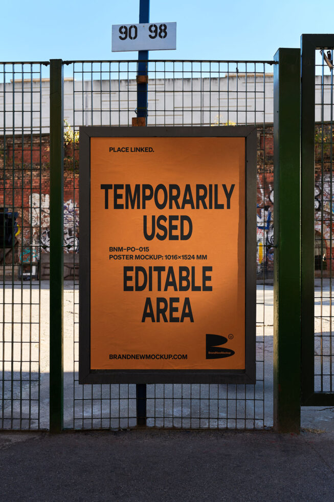 Urban poster mockup on a metal gate featuring orange background with editable text area ideal for designers in need of realistic outdoor mockup templates.