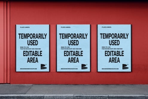 Three vertical poster mockups on a red wall showcasing editable templates for designers. Ideal for creative presentations and design projects.