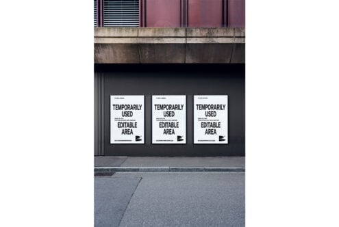 Street wall with three poster mockups, featuring editable design areas. Perfect for showcasing branding or advertisement templates for graphic designers.