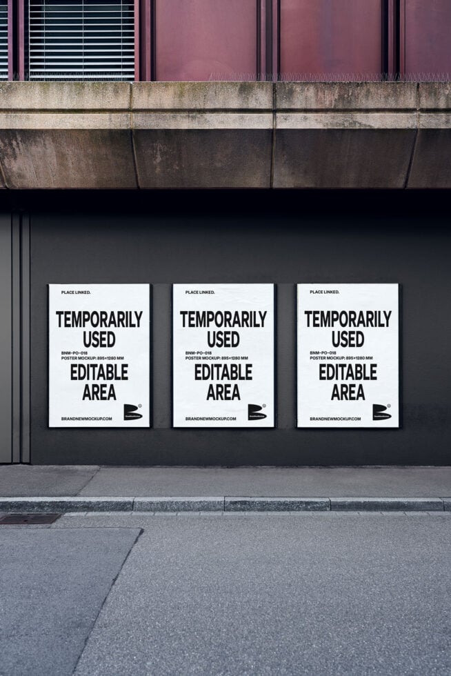 Urban street billboard mockup template for designers showcasing three posters with editable areas against a modern building; ideal for marketing graphics.