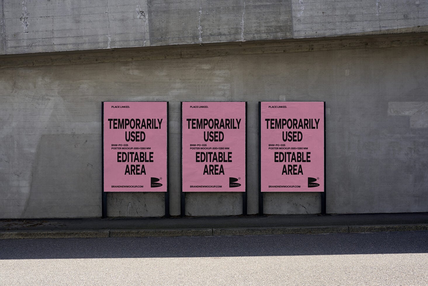 Three pink poster mockups hung in row on weathered concrete wall by street