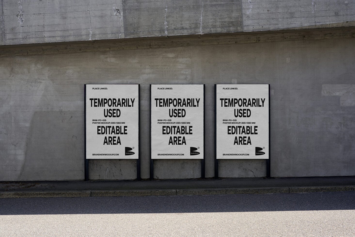 Three white poster mockups displayed side by side on concrete underpass wall