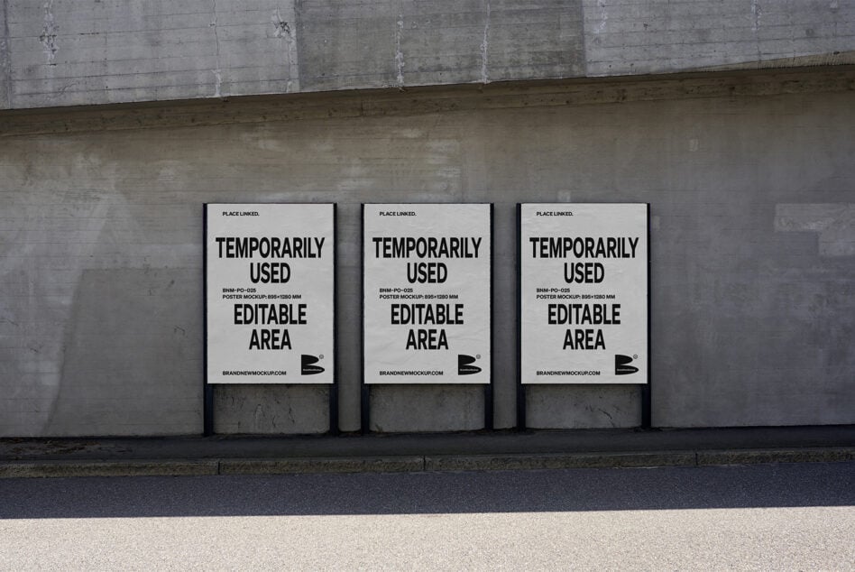 Three white poster mockups displayed side by side on concrete underpass wall