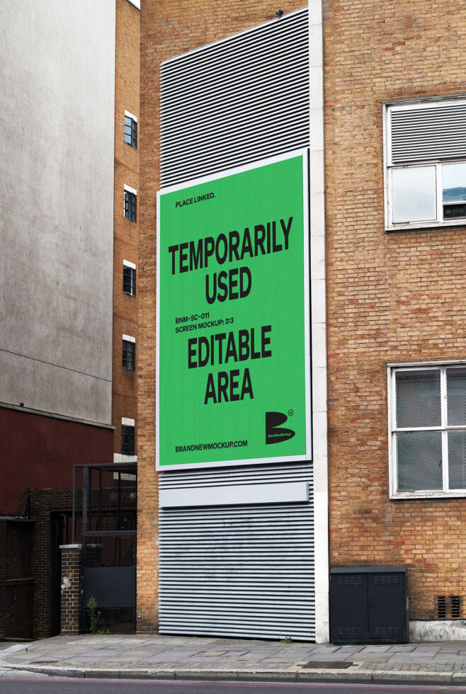 Bright green building screen mockup with black striped pattern top, editable text area