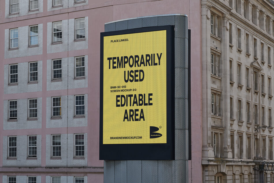 Bold yellow screen mockup mounted on building facade, customizable text zone