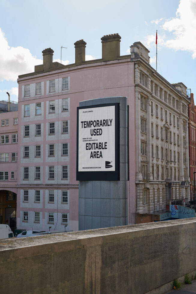 Urban billboard mockup on building exterior for design presentations. Ideal for showcasing graphics or templates. High-resolution digital asset.