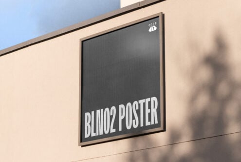 Outdoor billboard mockup on a beige wall featuring a minimalistic design with the text BLNO2 Poster ideal for showcasing branding graphics templates.