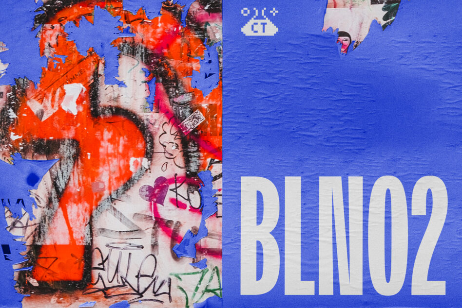 Vibrant blue background with street art collage on left, white BLINO2 text on right side