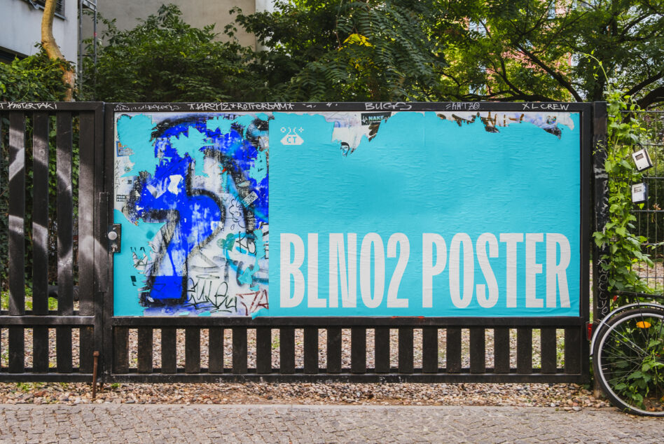 Turquoise billboard with blue graffiti art on left, white bold text reads BLINO2 POSTER