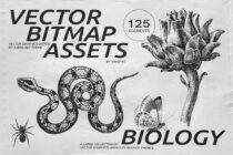 Title spread showing 125 elements with coiled snake, butterfly, plant, spider dotted illustrations