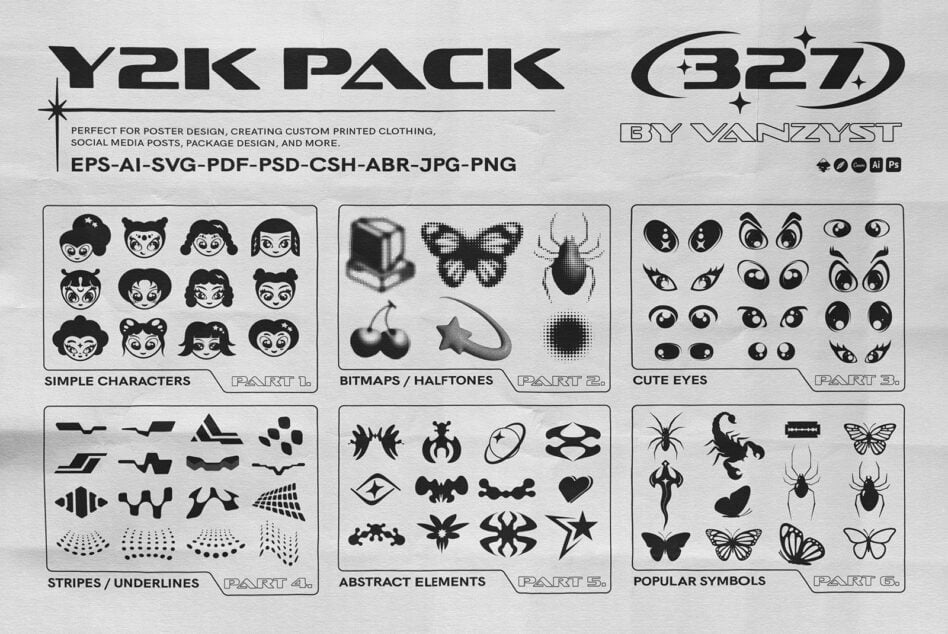 Y2K graphic pack with 327 elements including character heads, bitmap icons, eye designs, abstract symbols