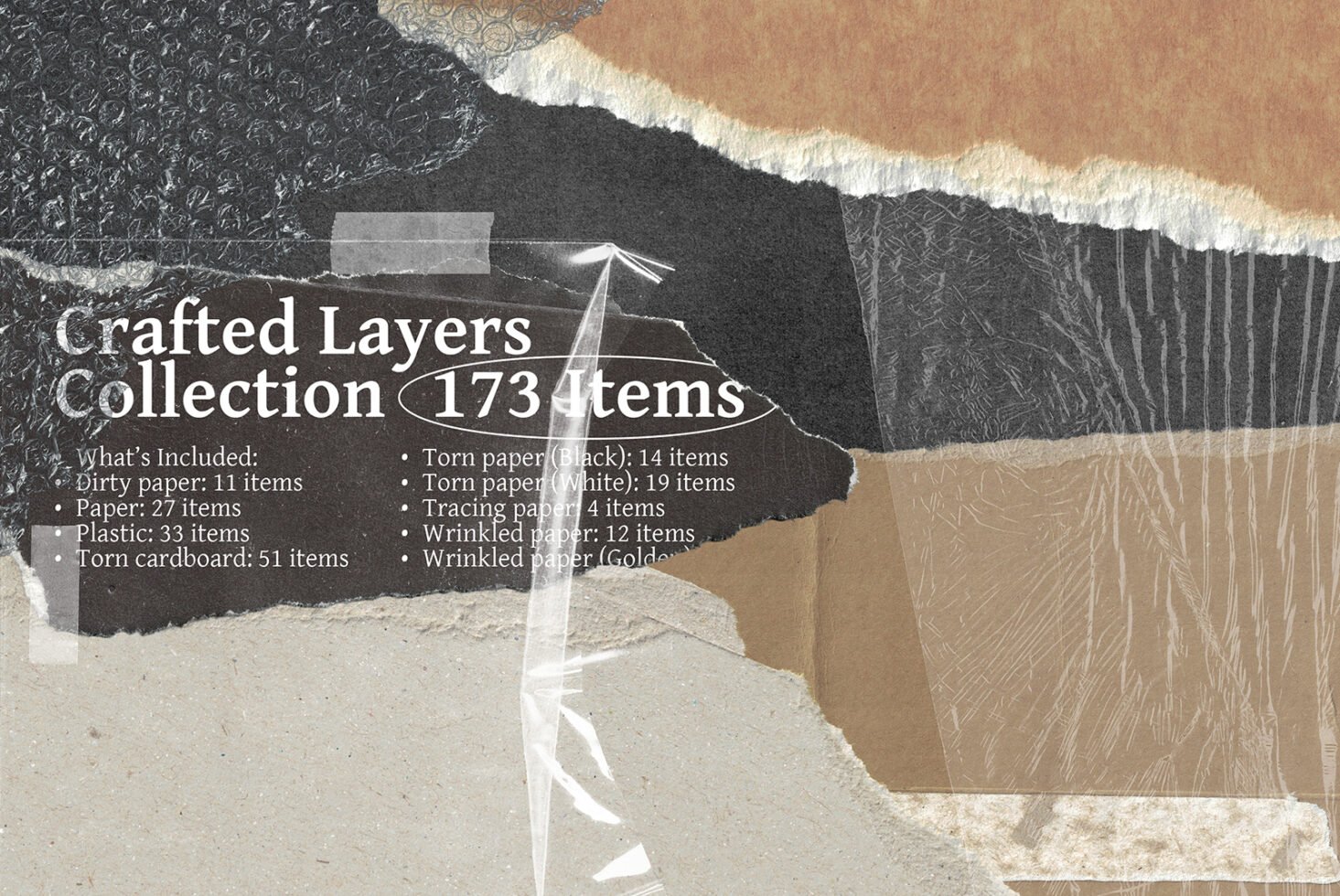 Crafted Layers Collection with 173 items including torn paper textures cardboard plastic perfect for design templates mockups and graphic projects.