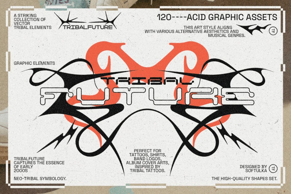 Acid graphic assets featuring neo-tribal elements ideal for tattoos, shirts, logos, and album covers. Vector designs for creators. Ideal for designers.