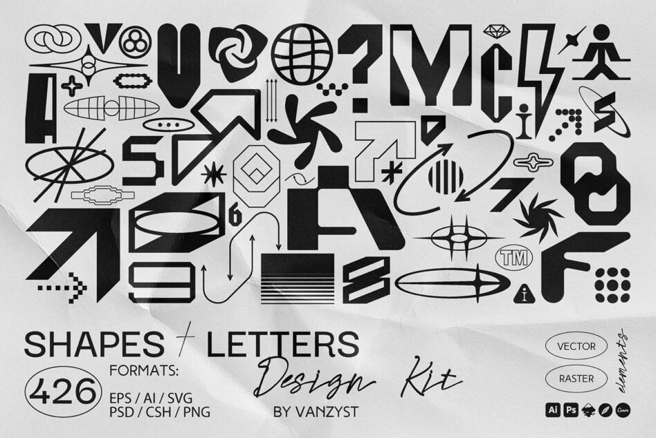 Design kit featuring abstract shapes and letters in various styles suitable for mockups and templates. Formats include EPS AI SVG PSD CSH PNG.