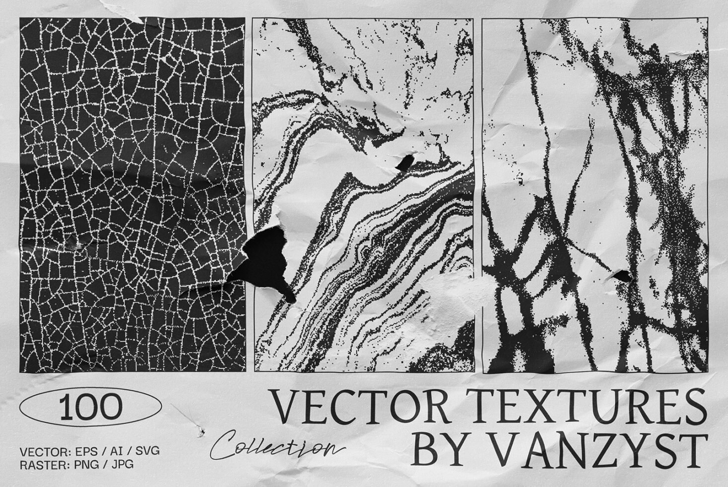 Three distressed vector textures featuring cracked, marbled, and abstract designs. Available in EPS, AI, SVG, PNG, JPG for design projects.
