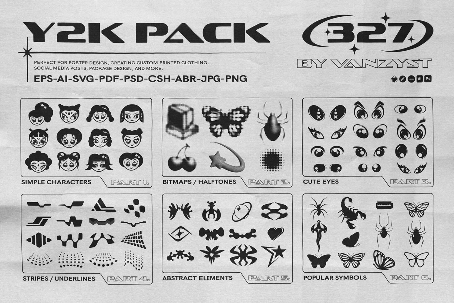 Y2K design pack featuring simple characters bitmaps cute eyes abstract elements popular symbols ideal for mockups graphics templates EPS AI SVG files.