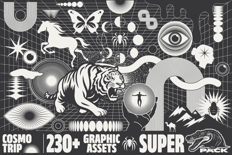 Dark retro pack with tiger, horse, eyes, grid backdrop vibes