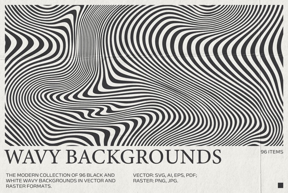 Black and white wavy line backgrounds in vector and raster formats for designers. Abstract optical illusion pattern. Perfect for templates and graphics.