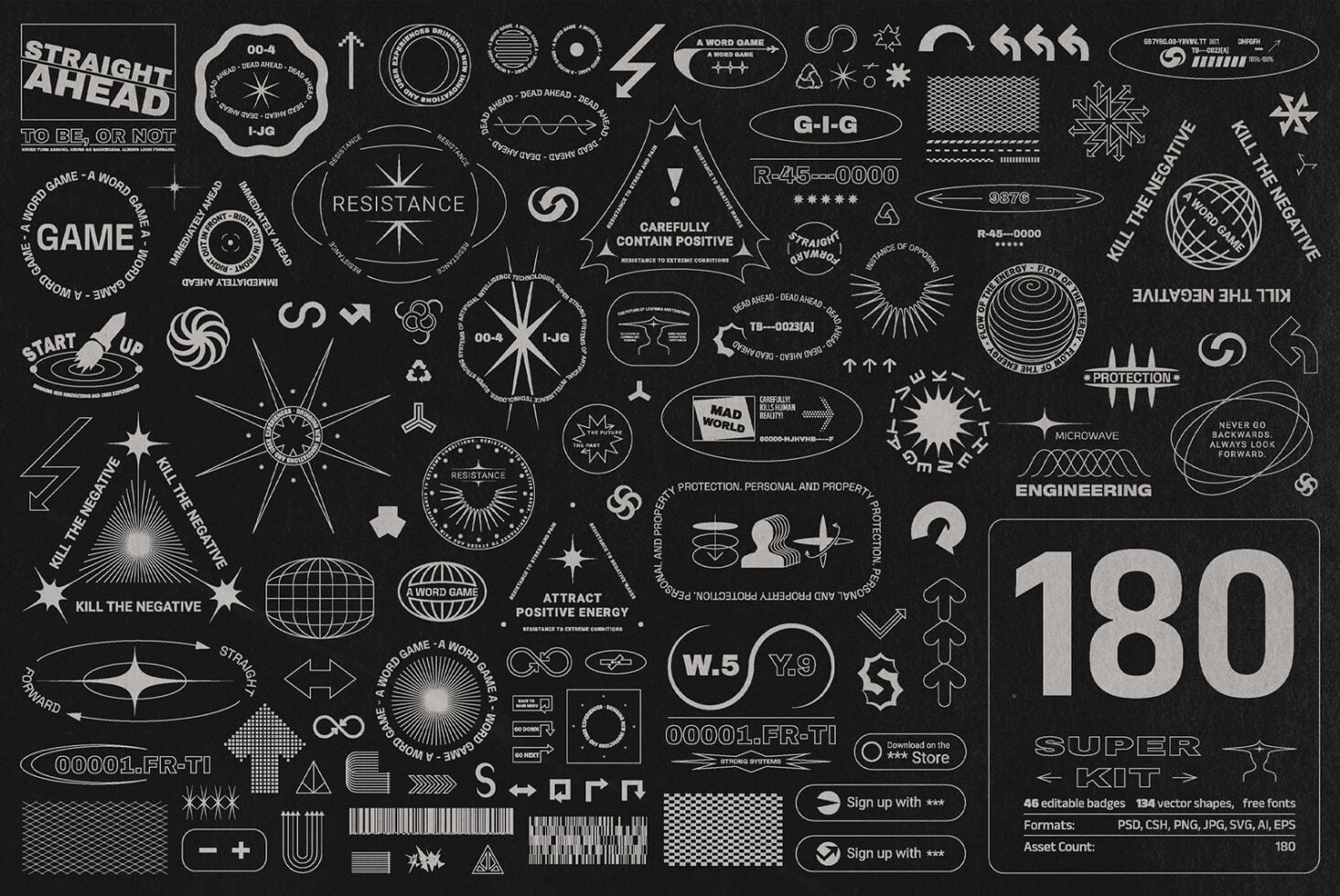 180 piece retro badge collection with line art stars, circles, geometric shapes, mystical vibes