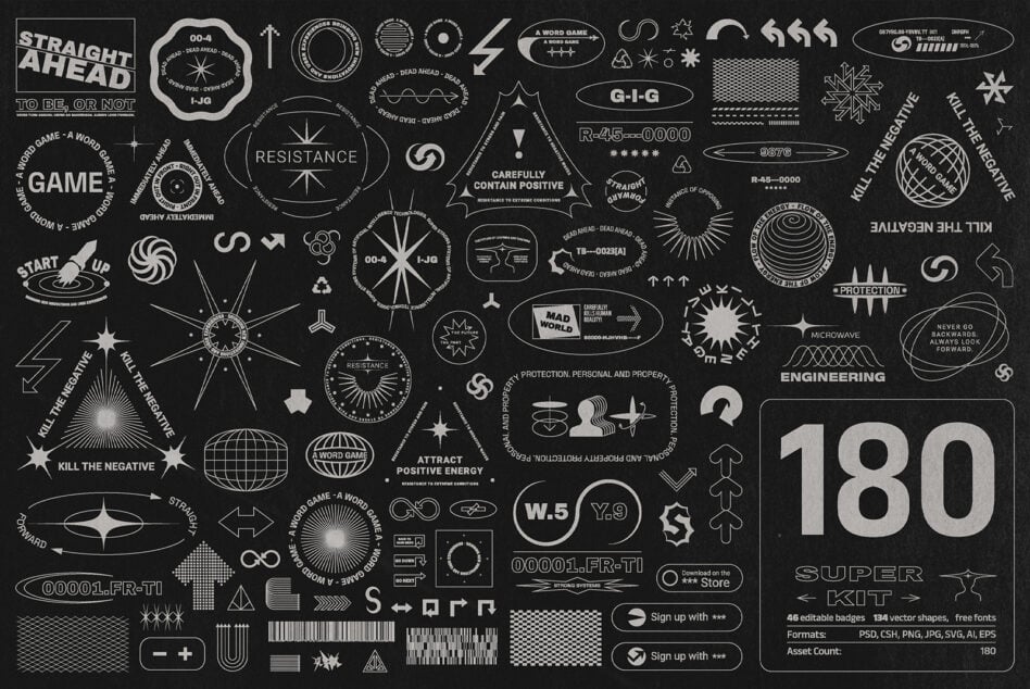 180 piece retro badge collection with line art stars, circles, geometric shapes, mystical vibes