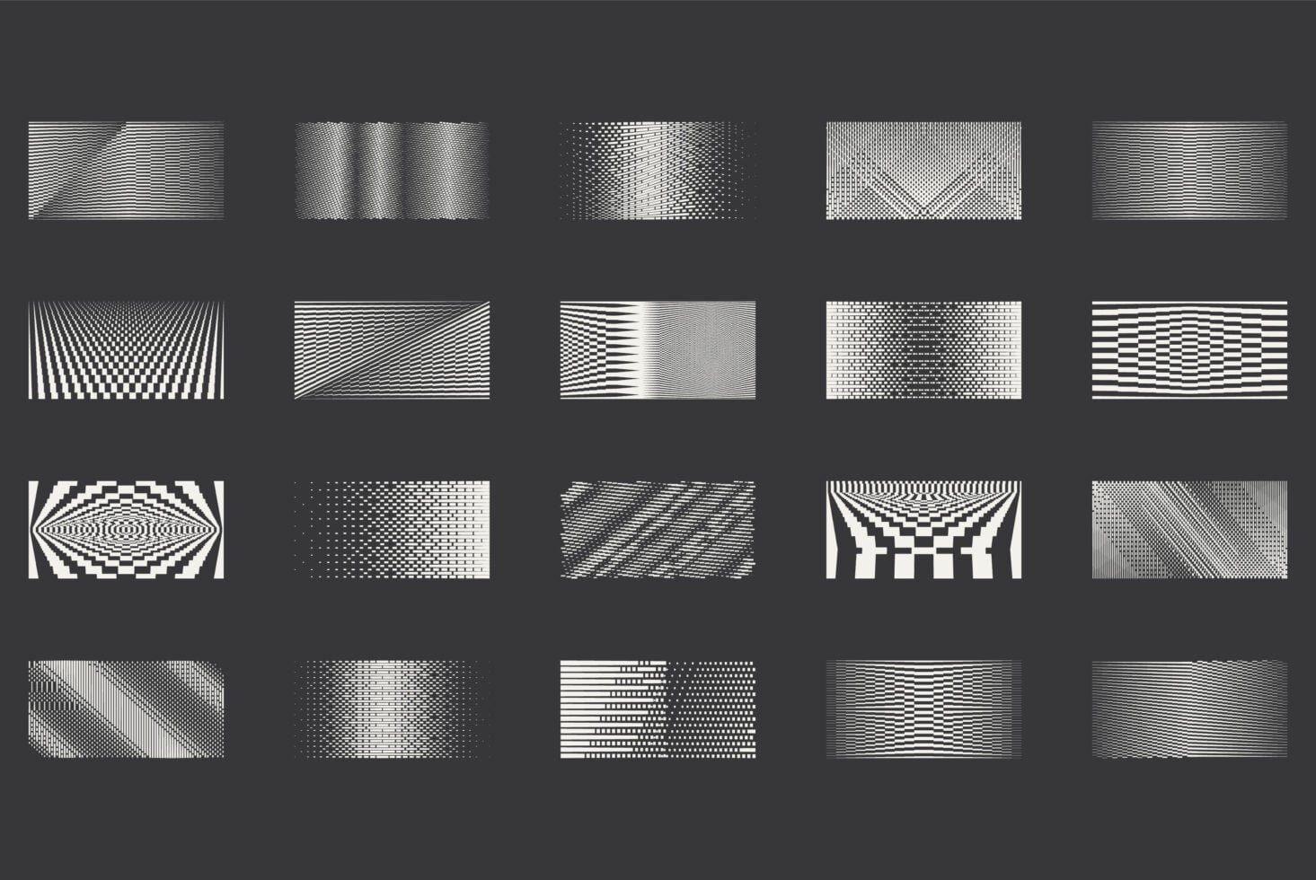 Twenty kinetic patterns including lines dots waves grids checkers
