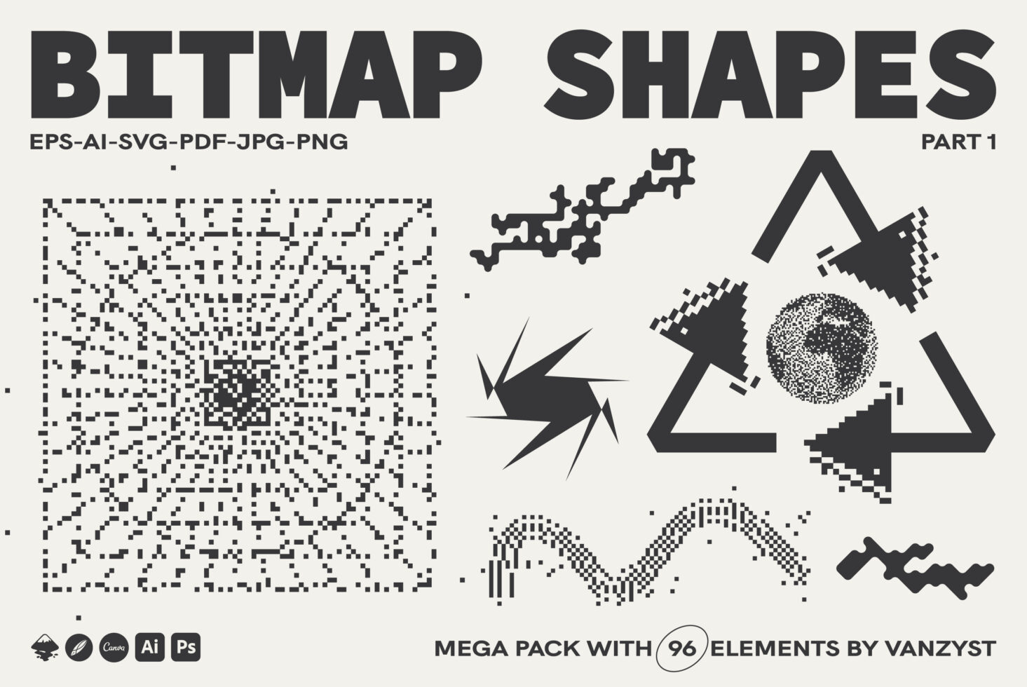 96 bitmap shapes mixing solid forms with pixelated textures, geometric patterns