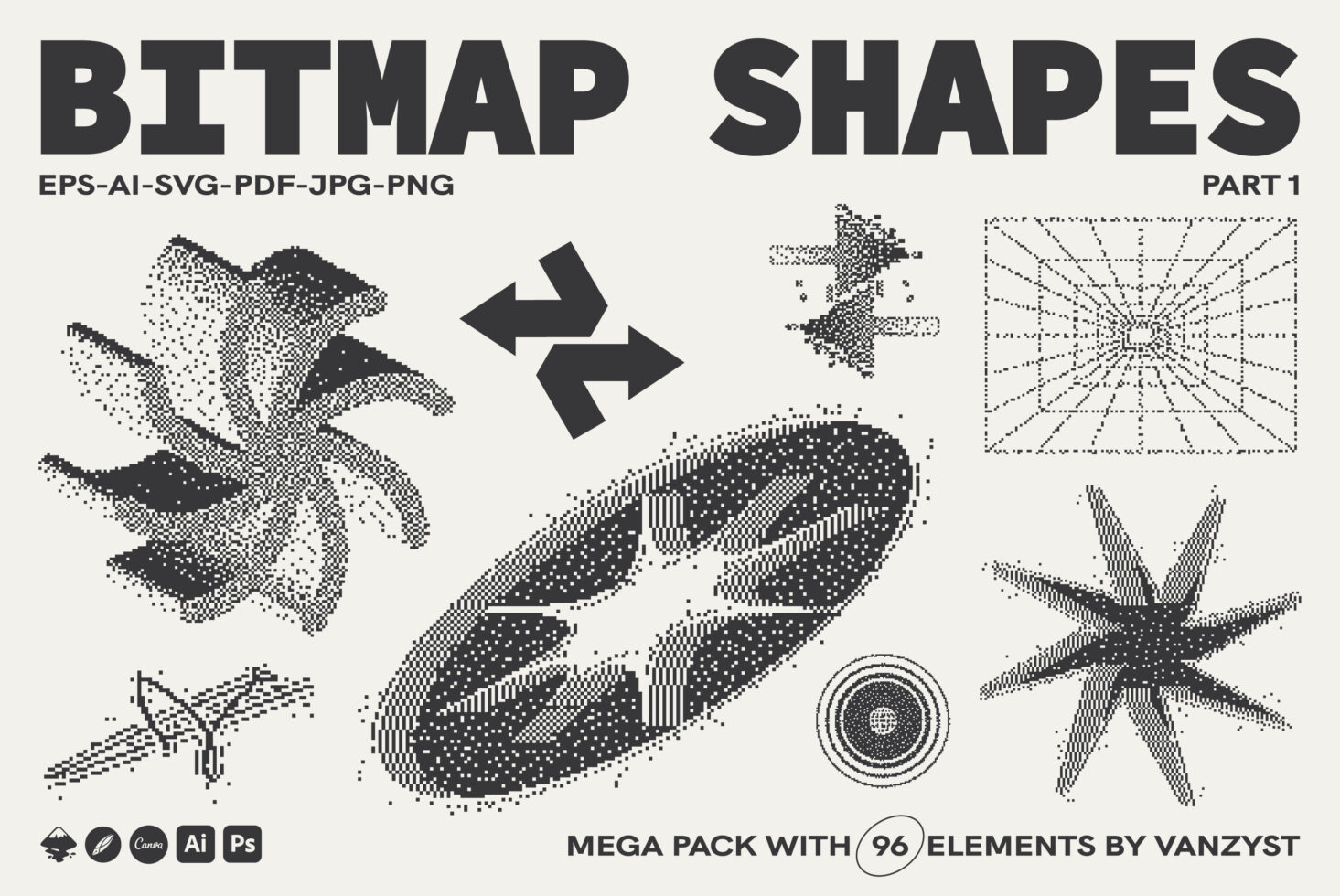 96 pixelated design elements with dragon, handshake, star patterns in black