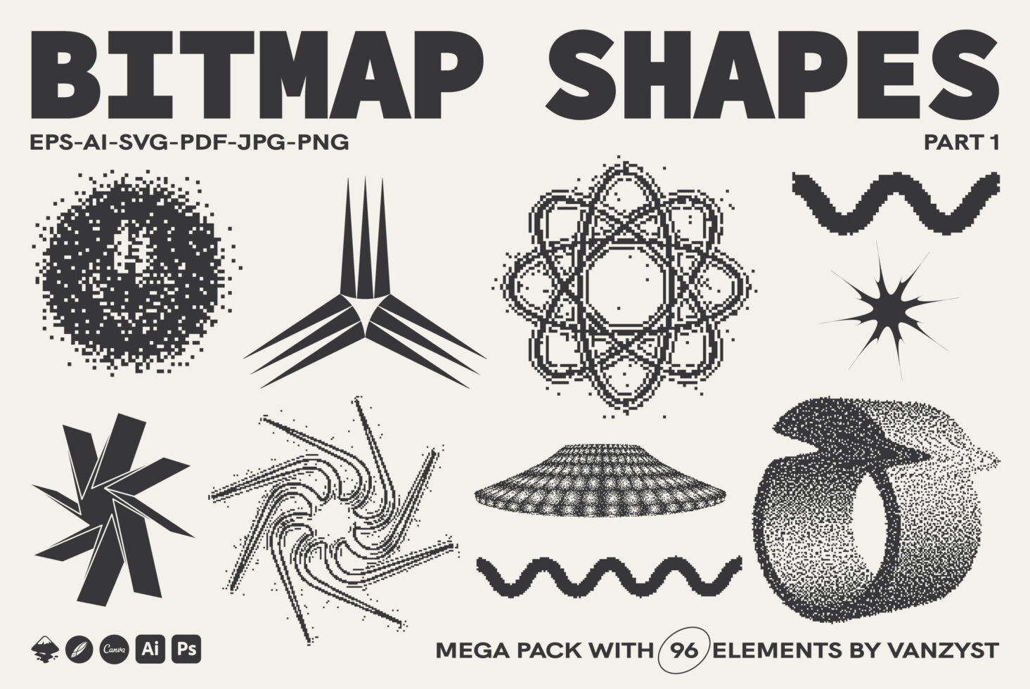 Collection of 96 bitmap shapes including bursts, stars, spirals, wavy lines in black