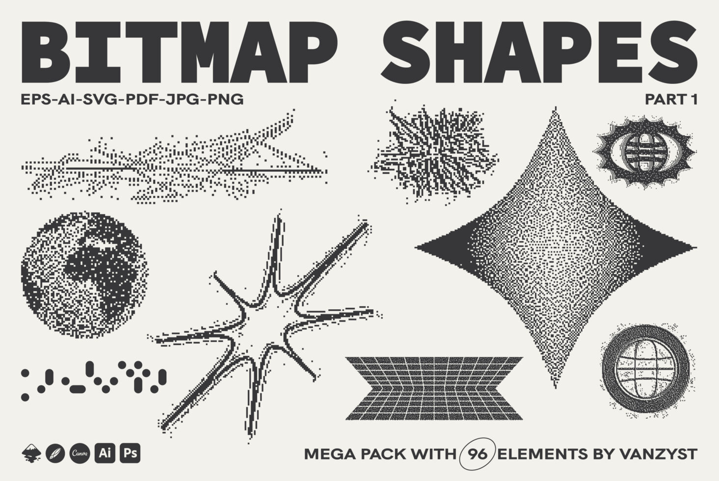 96 bitmap graphic elements with pixelated arrows, spheres, diamonds, grids in black
