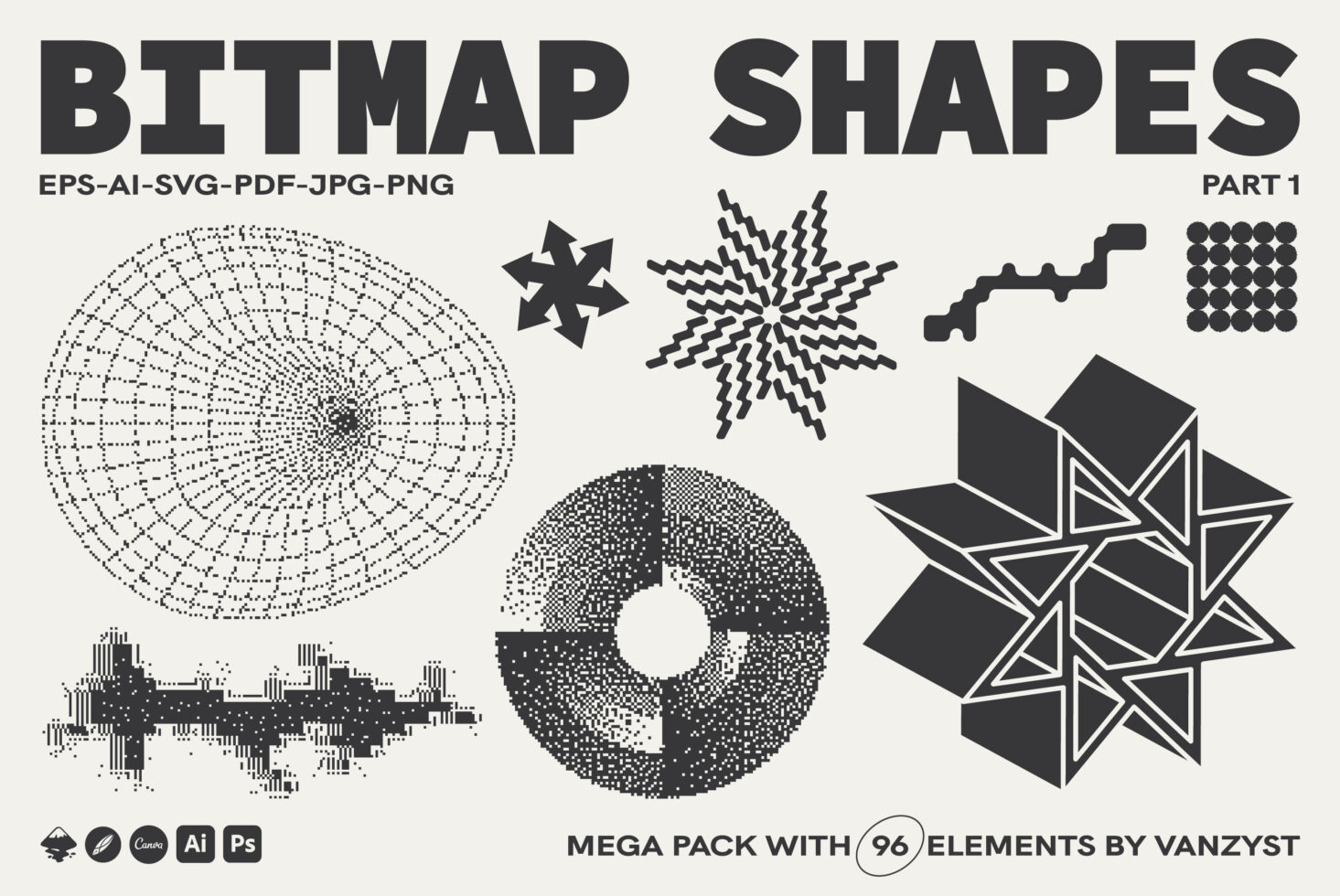 Bitmap shapes part 1 containing 96 textured elements with dotted pixelated style