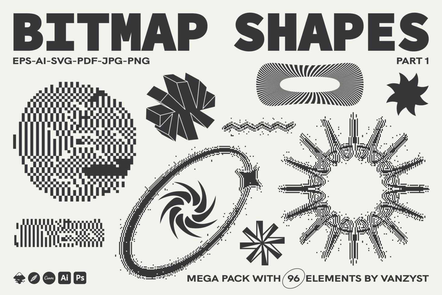 Bitmap shapes part 1 with 96 pixelated elements including geometric abstractions