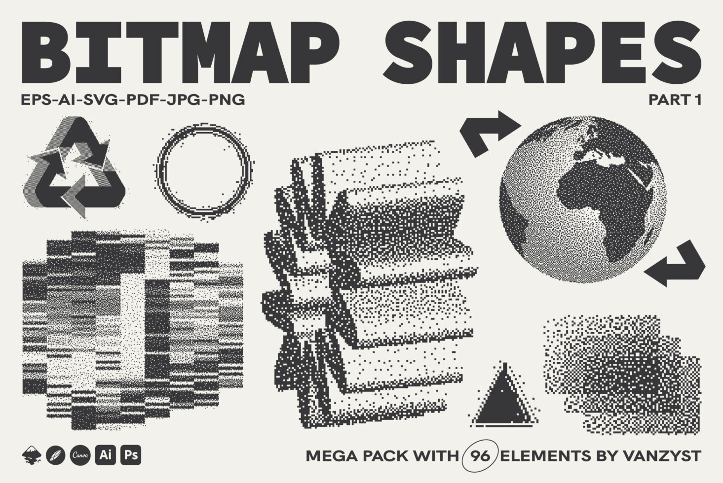 Bitmap shapes mega pack 96 elements with dotted textures in EPS AI SVG formats
