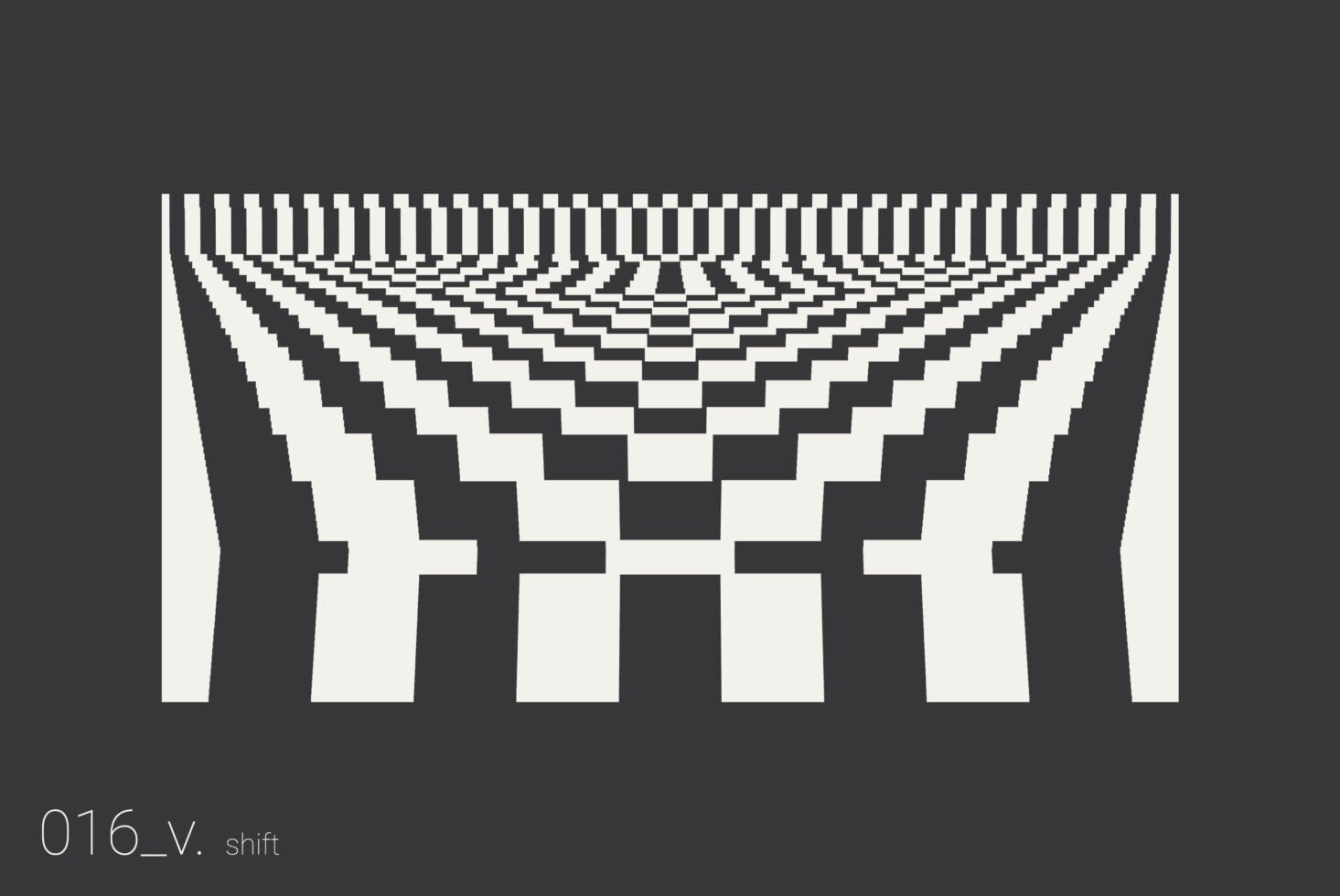 Pixelated checkerboard pattern warped into curved 3D barrel shape