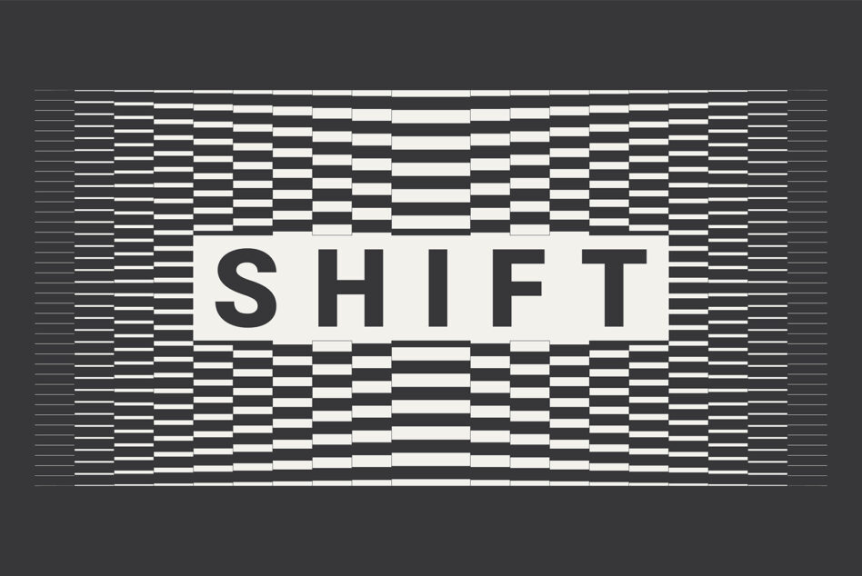 Glitchy TV screen effect with pixelated horizontal scan lines over SHIFT text