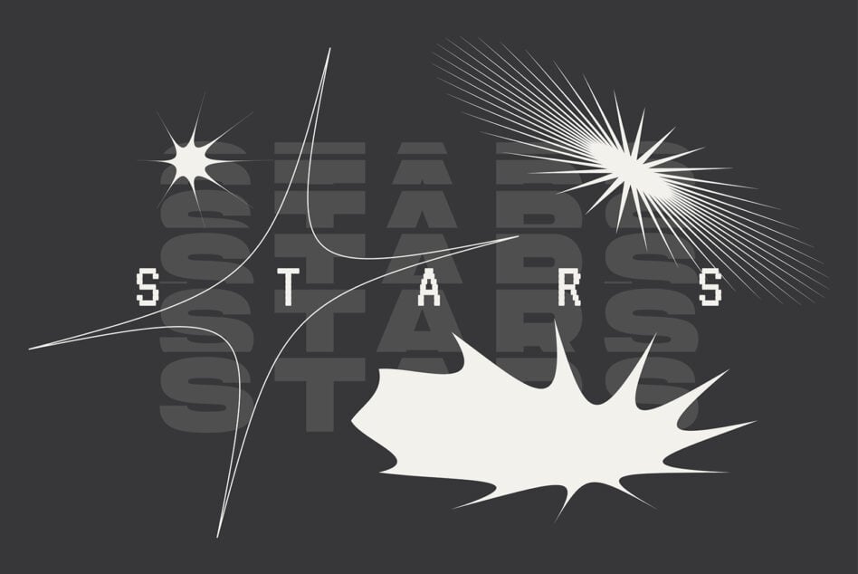 Stars text graphic with radiating lines, curves, explosion effects overlay
