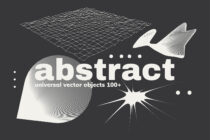 Abstract objects 100+ collection with mesh grid, flowing shape, burst explosion, striped form, dots on dark background