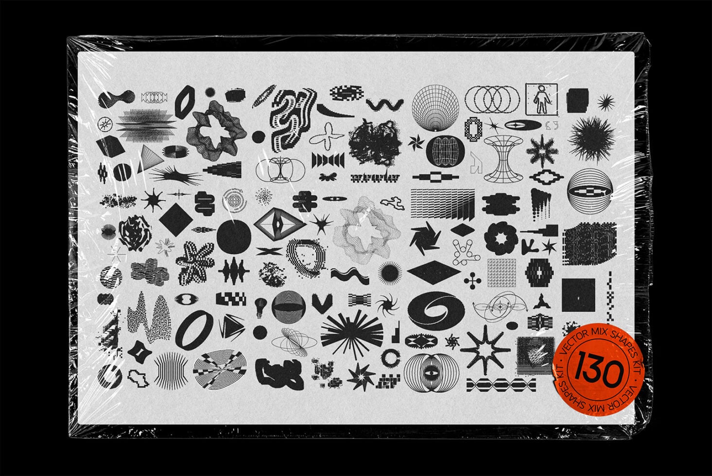 130 vector graphic elements collection with circles, shapes, textures in black on white