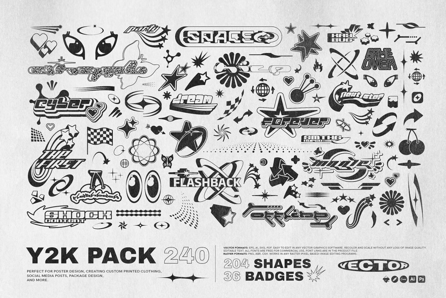 Y2K vector art pack featuring retro shapes and badges ideal for graphic designers. Includes 240 elements for digital design, perfect for creative projects.