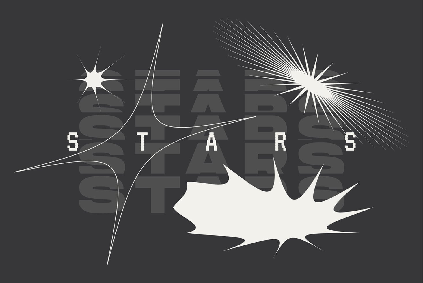 Stars text graphic with radiating lines, curves, explosion effects overlay