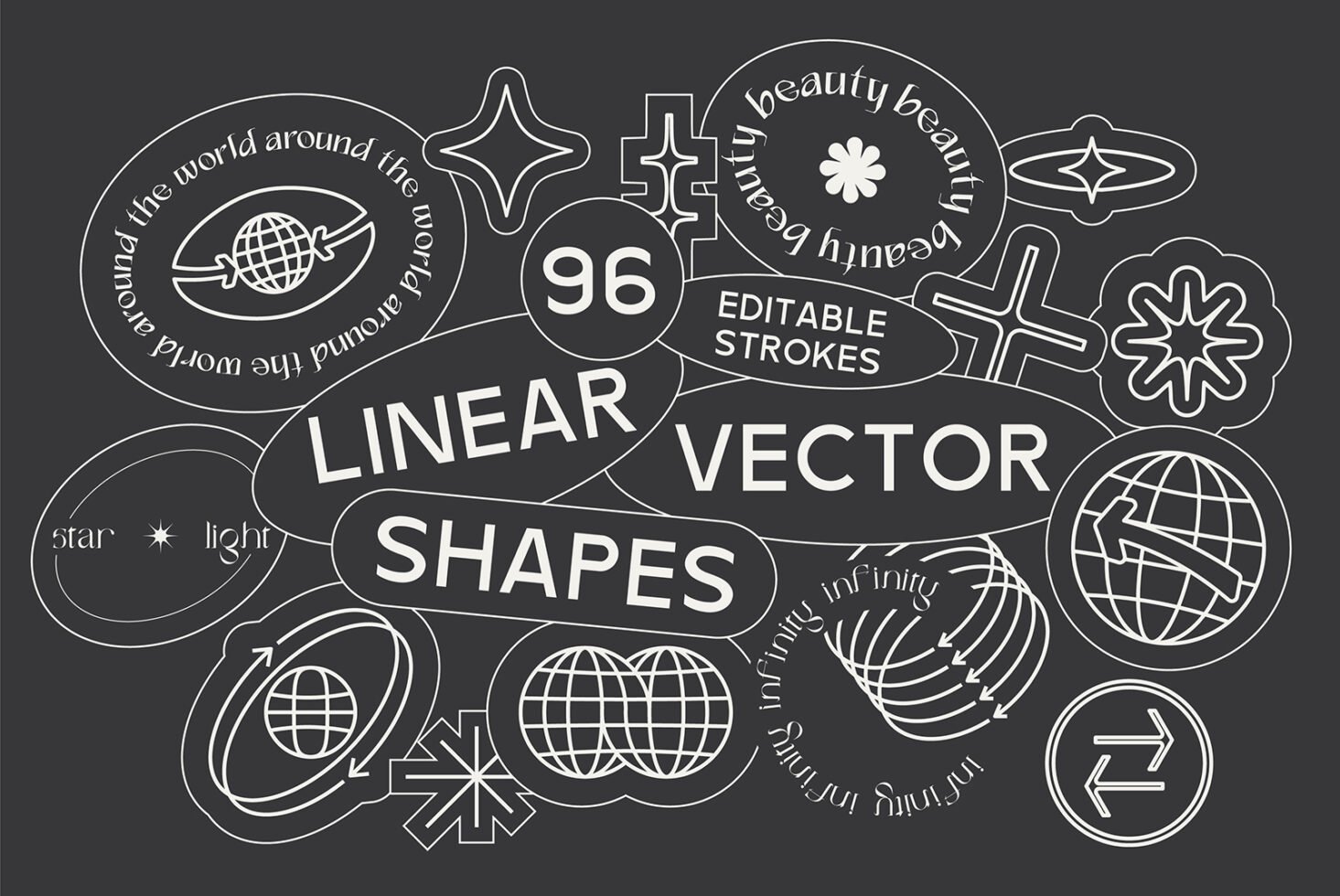 Vector shapes set for designers featuring 96 linear icons with editable strokes. Perfect for mockups templates designs. Keywords: vector graphics mockups.
