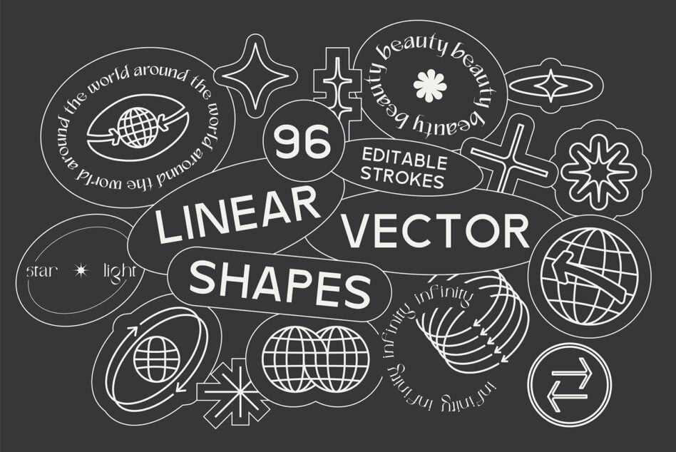 Vector shapes set for designers featuring 96 linear icons with editable strokes. Perfect for mockups templates designs. Keywords: vector graphics mockups.